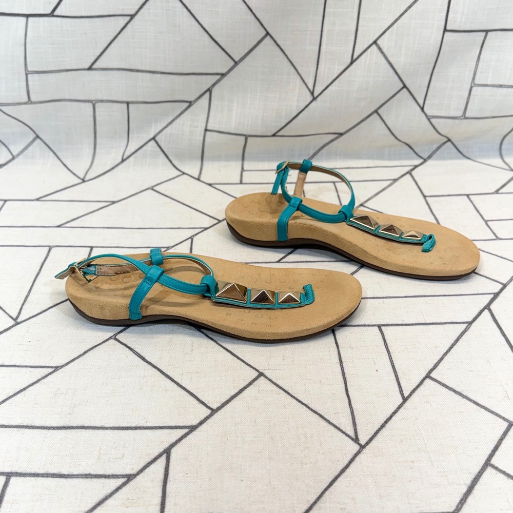 Vionic Sandals Size 8 Teal Leather Gold Studded Orthotic T-Strap Ankle Strap - Picture 2 of 9